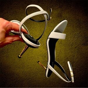 NINE WEST ANNY ANKLE STRAP HEELED SANDALS TOM FORD LOOK